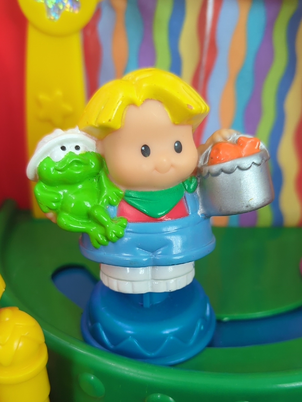 Little People - Blonde Figure with Green Frog and Silver Pail - Blue Outfit